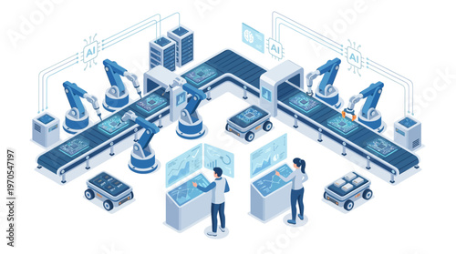 Isometric Smart Factory with AI Robotics Automation, Industrial Engineers Monitoring Digital Manufacturing Production Line, Industry 4.0 Technology Concept