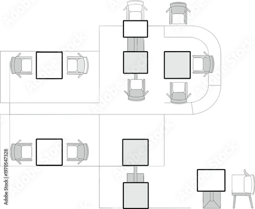 Office workspace seating arrangement, furniture layout floor plan schematic, flat vector