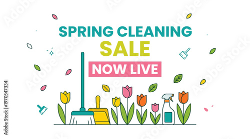 Spring Cleaning Sale Promotion with Cleaning Supplies and Flowers