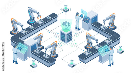 Isometric Smart Factory with AI Brain Control, Robotic Arms on Conveyor Belts, Industrial IoT Automation, Industry 4.0 Manufacturing Technology