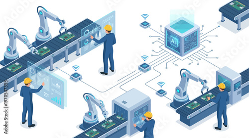 Isometric Smart Factory with AI Control System and Robotic Automation Assembly Line, Engineers Monitoring Digital Manufacturing Process, Industry 4.0 Technology Concept