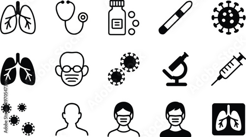 Medical healthcare icon set featuring virus lungs vaccine syringe mask doctor minimal line art illustration pandemic protection concept collection