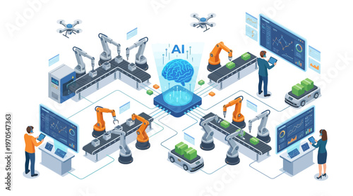 Isometric Smart Factory with AI Brain Controlling Robotic Arms, Automated Conveyor Production Line, Drone Logistics and Engineers Monitoring Industry 4.0 Manufacturing Technology