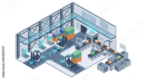 Isometric Smart Warehouse with Automated Forklifts Robotic Arms Conveyor Belt Logistics Technology Modern Distribution Center Industry 4.0 Supply Chain Management