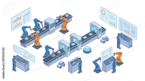 Smart Factory Isometric Illustration with Robotic Automation, AI Data Analytics Dashboards, and Human Machine Collaboration in Modern Manufacturing Industry 4.0