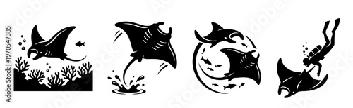 Isometric Manta Ray Vector Illustrations - Conservation & Science Concept. Giant stingray with scuba diver, jumping, plankton feeding pollution research, and aquarium study