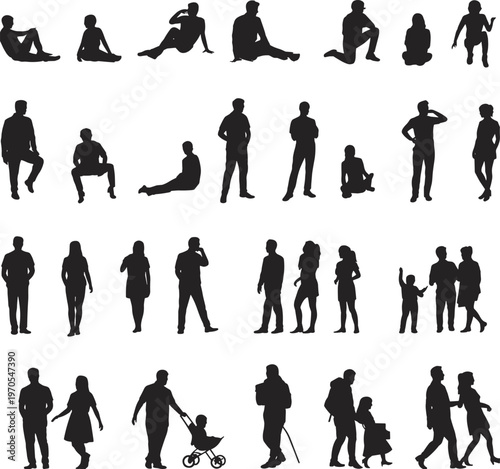 People silhouettes collection various poses walking standing sitting family figures flat vector