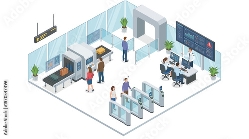 Isometric Airport Security Checkpoint with X-Ray Scanner Metal Detector and Passenger Screening Technology