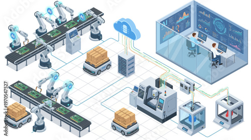 Smart Factory Isometric Illustration with Automated Robotic Assembly Line, AI Manufacturing, Cloud Computing Data Analytics, and Industry 4.0 Digital Transformation Technology