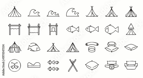 Collection of simple line icons representing camping, fishing, and outdoor activities like tents, waves, fish, and pillows