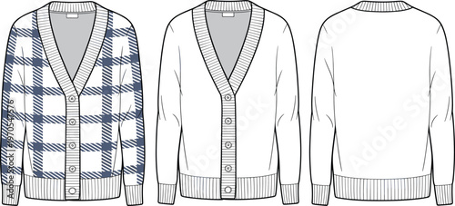 Cardigan sweater flat sketch plaid plain front back vector illustration design
