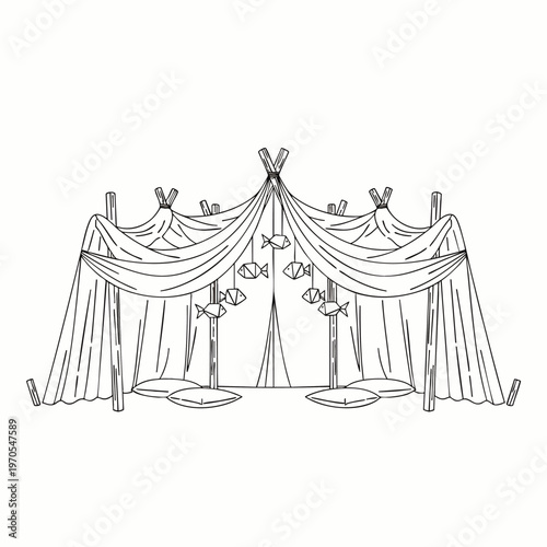 Hand-drawn outline of a decorative canopy tent with hanging fish ornaments, perfect for events and celebrations.