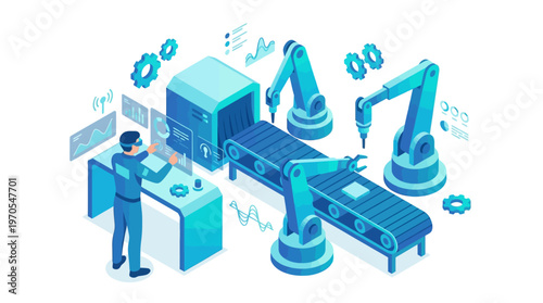 Isometric Smart Factory Automation with Engineer Monitoring Robotic Assembly Line, Industrial IoT Technology, Manufacturing 4.0 Digital Transformation Concept