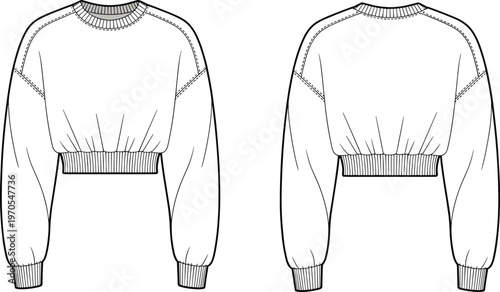 Cropped sweatshirt flat sketch front back view fashion design vector illustration