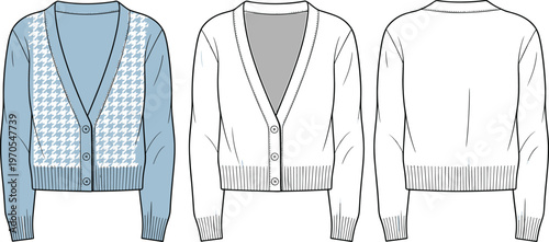 Cardigan sweater flat sketch front back view fashion design vector illustration