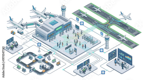 Isometric Smart Airport Terminal with Digital Logistics Network - Aviation Technology, Passenger Flow Management, and Automated Baggage System Infographic
