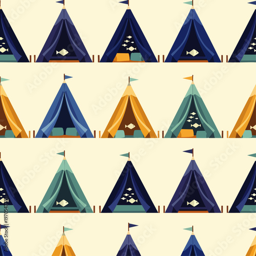 Seamless pattern of colorful tents with fish inside, perfect for camping, travel, and outdoor adventure themes