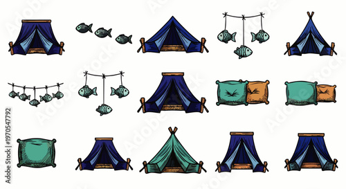 Collection of colorful cartoon tents and fish mobiles, perfect for camping, outdoor adventures, and whimsical designs