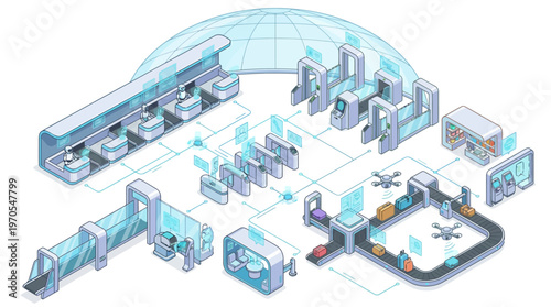 Futuristic Isometric Smart Airport Terminal with Automated Check-in, Security Screening, Baggage Handling, and Drone Delivery System