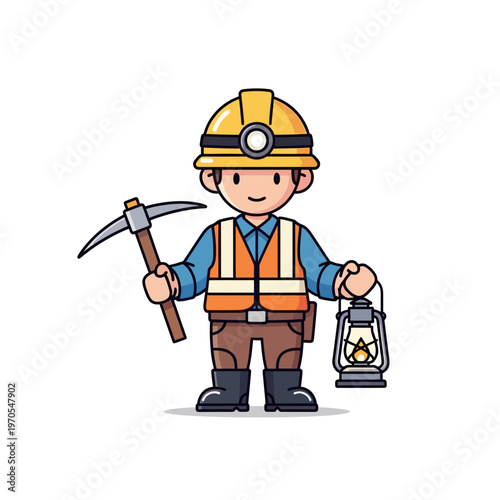 Cartoon miner character standing with pickaxe and lit lantern