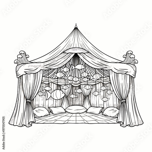 Whimsical tent with hanging fish decorations, pillows, and patterned floor, hand-drawn sketch
