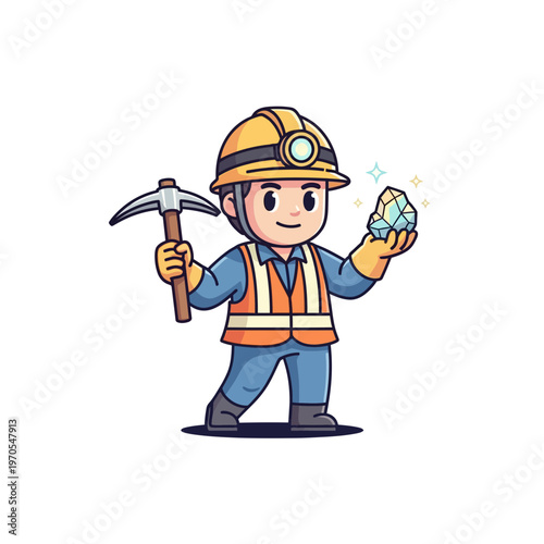 Happy cartoon miner walking while holding a large sparkling gemstone