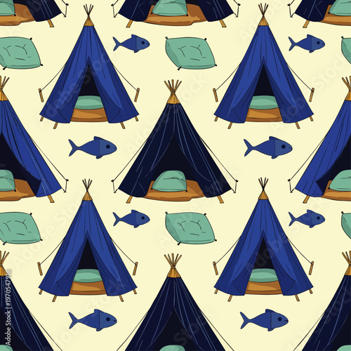 Seamless pattern with blue teepee tents, pillows, and fish on a light yellow background
