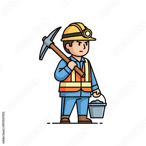 Cartoon miner carrying a pickaxe on his shoulder and holding a bucket