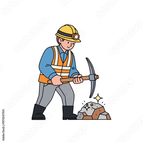 Cartoon miner character digging into a pile of rocks with a pickaxe