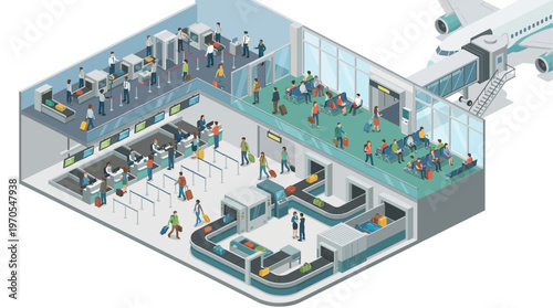 Isometric Airport Terminal with Passengers Checking In, Security Screening, Baggage Claim and Boarding Gate, Busy Travel Hub Vector Illustration
