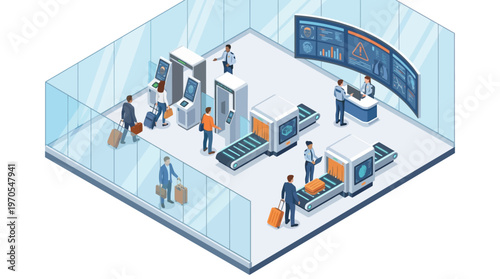 Isometric Airport Security Checkpoint with Passengers Scanning Luggage at Modern Terminal with Digital Surveillance Screens