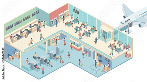 Isometric Airport Terminal Interior with Passengers Checking In, Security Screening, and Waiting Area, Modern Travel Hub Vector Illustration