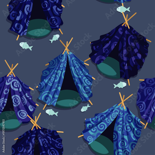 Whimsical seamless pattern of blue tents with fish motifs, evoking a sense of adventure and nature