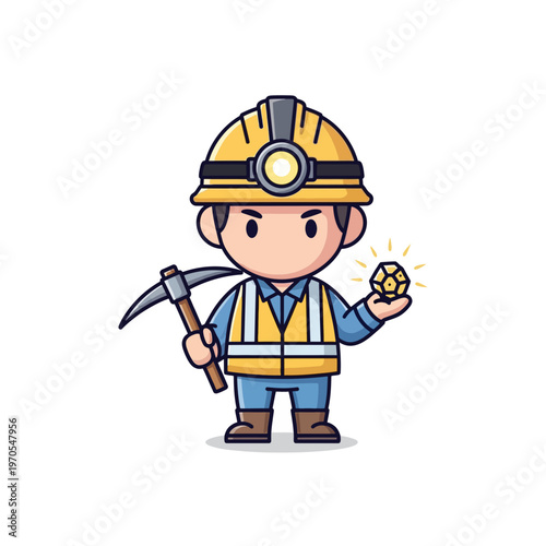 Cartoon miner character holding a pickaxe and a small sparkling crystal stone