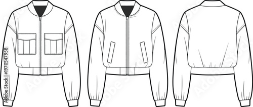 Flat vector cropped bomber jacket fashion technical sketch front back pocket variations