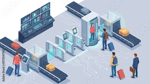 Isometric Airport Security Checkpoint with Biometric Screening Technology and Smart Luggage Control System