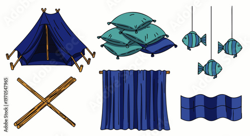 Hand-drawn collection of camping and home decor elements: tent, pillows, curtains, fish, and wooden crossed poles