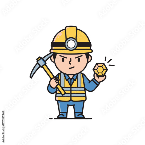 Determined cartoon miner character holding pickaxe and a large gold gemstone