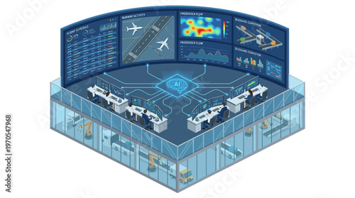 Isometric Smart Airport Control Center with AI Technology - Aviation Operations, Flight Monitoring, and Automated Baggage Management System