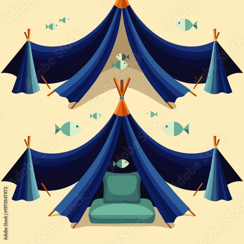 Whimsical illustration of two blue teepees with fish swimming around them, evoking a sense of adventure and nature.