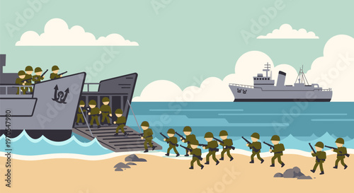 Soldiers disembark from a landing craft onto a sandy beach with ships nearby