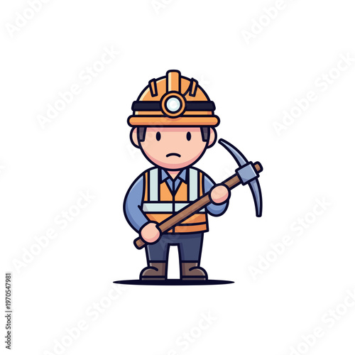 Sad cartoon miner worker character holding a pickaxe with two hands