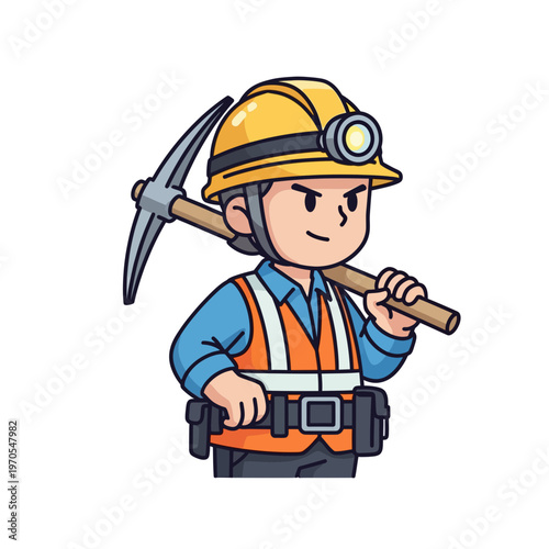 Cool cartoon miner character carrying a pickaxe on his shoulder
