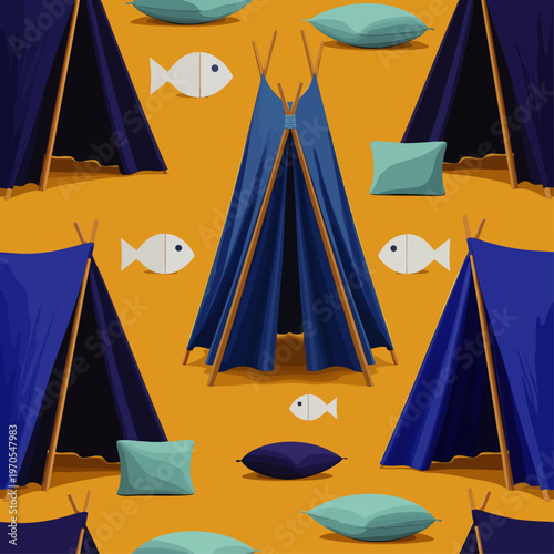 Seamless pattern of blue tents and fish on a yellow background, perfect for children's designs and summer themes.