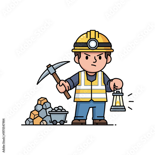 Determined cartoon miner holding a pickaxe and lantern near a coal pile