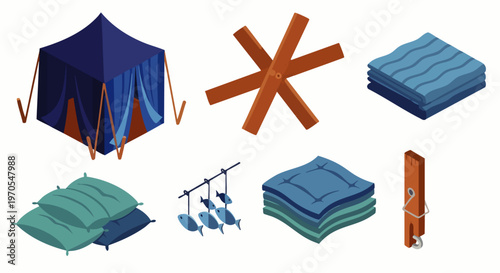 Set of isometric camping and outdoor equipment icons: tent, hedgehog obstacle, blankets, sandbags, drying fish, clothespin