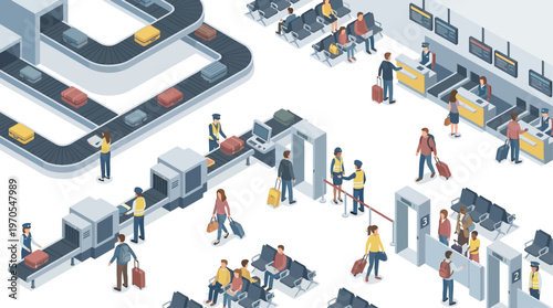 Isometric Airport Terminal Security Check with Passengers Luggage Conveyor Belt Check-in Counter Modern Travel Transportation Hub