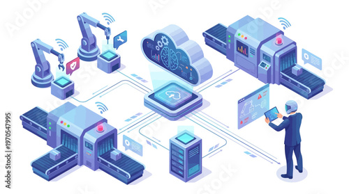 Isometric Smart Factory Industry 4.0 Automation Cloud Computing Data Analytics Manufacturing Technology System