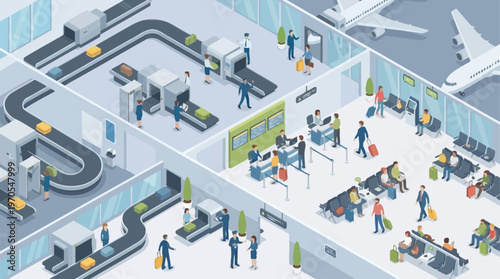 Isometric Airport Terminal Security Check-in Travelers with Luggage Business Trip Vacation Transportation Hub