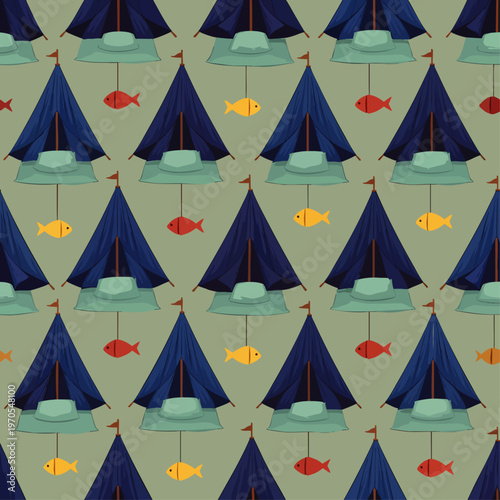 Seamless pattern of vintage camping tents and colorful fish hanging on strings, retro outdoor adventure background